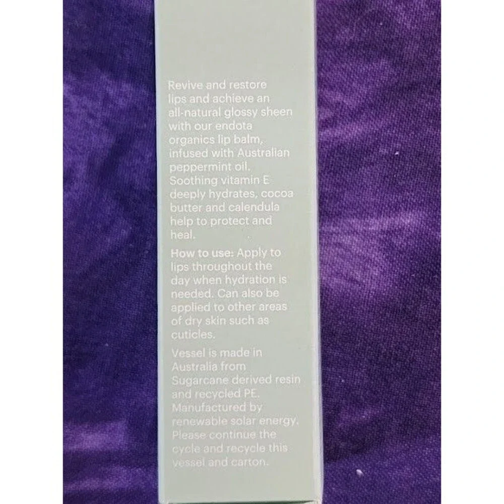 Endota Organics Hydrating Lip Balm 15g Tube Calendula Vitamin E Peppermint Oil